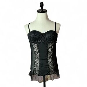 Black Bustier Corset Lingerie Lace‎ Sheer Ruffle Women Size L Whimsigoth